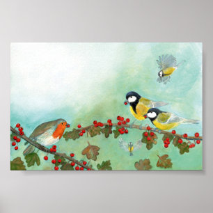 Great Tit Birds, Red Robin en Hawthorn Berries Poster