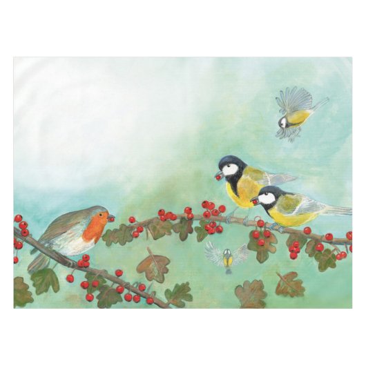 Great Tit Birds, Red Robin & Hawthorn Tafelkleed (Voorkant (Horizontaal))
