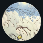 Great Tit - Theodor Severin Kittelsen Ronde Sticker<br><div class="desc">Great Tit by Norwegian artist Theodor Severin Kittelsen. Watercolor painting of a cute yellow parus major bird on a snowy tree branch in winter time while the sun is breaking through on a clear blue sky.</div>
