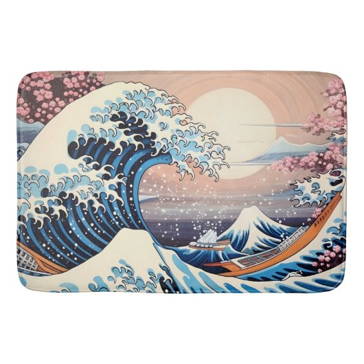 Great Wave geïnspireerd roze sakura esthetisch Badmat (Voorkant)
