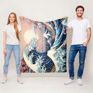 Great Wave geïnspireerd roze sakura esthetisch Fleece Deken