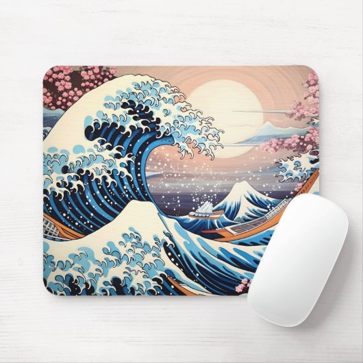 Great Wave geïnspireerd roze sakura esthetisch Muismat (Met muis)
