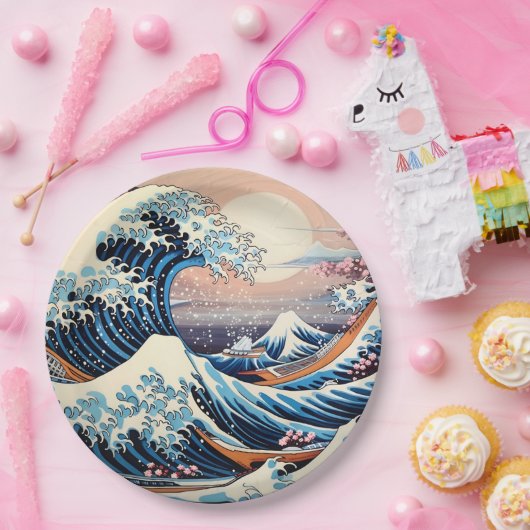 Great Wave geïnspireerd roze sakura esthetisch Papieren Bordje (Feest)