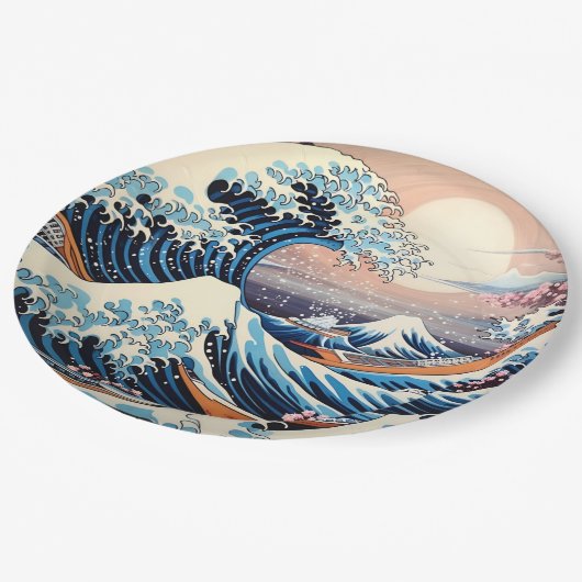 Great Wave geïnspireerd roze sakura esthetisch Papieren Bordje (Gekanteld)