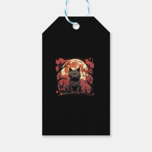 Great Wave Halloween_ Zwarte kat, pompoenen, Sakur Cadeaulabel (Voorkant)