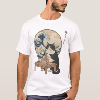 Great Wave Japanese Cat Eating Ramen Funny Art T-shirt