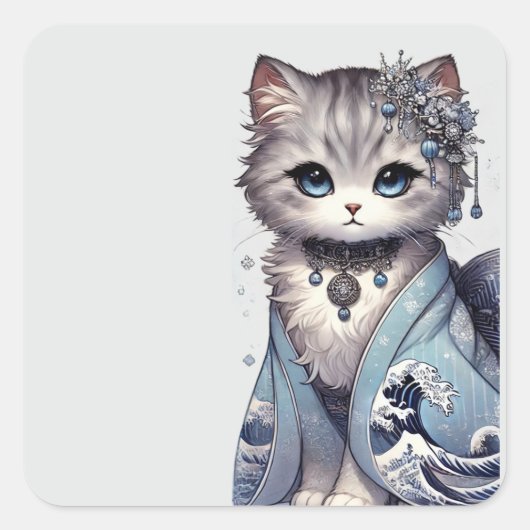 Great Wave Kimono Japanse prinses kat Vierkante Sticker (Voorkant)