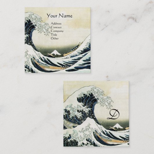 GREAT WAVE MONOGRAM Blauw Wit Vierkante Visitekaartje (Voorkant / Achterkant)