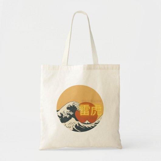 Great Wave & Neon Kanji – Retro Japanese Fuji Des Tote Bag (Voorkant)