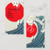 GREAT WAVE, RED SUN Blauw Wit Nautisch Monogram Visitekaartje (Voorkant / Achterkant)