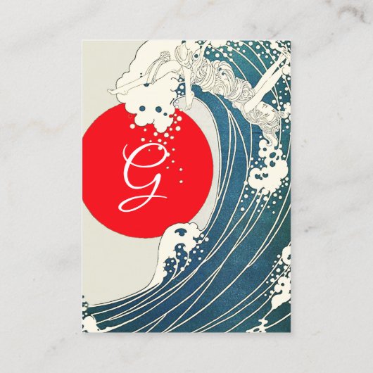 GREAT WAVE, RED SUN Blauw Wit Nautisch Monogram Visitekaartje (Achterkant)