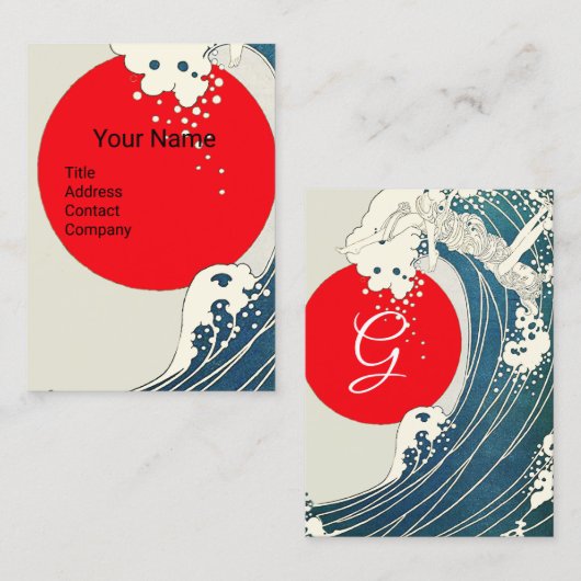 GREAT WAVE, RED SUN Blauw Wit Nautisch Monogram Visitekaartje (Voorkant / Achterkant)