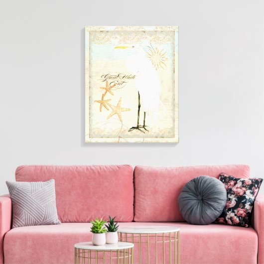Great White Egret Coastal Beach - Waterverf Art Canvas Afdruk (Insitu (Woonkamer))