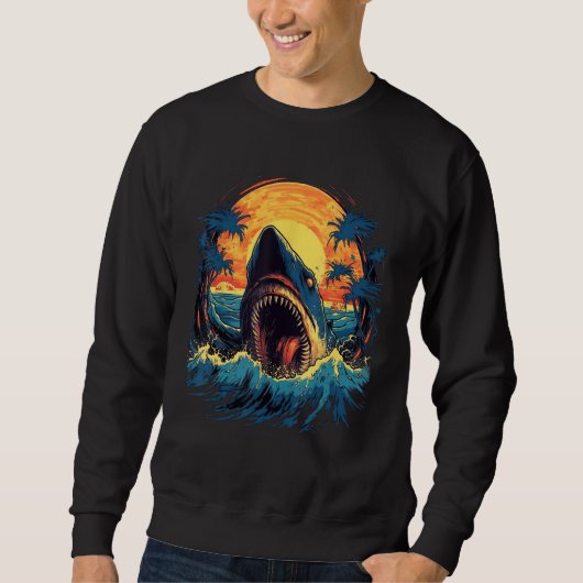 Great White Shark Palm Trees Sunset Shark Graphic Trui (Voorkant)