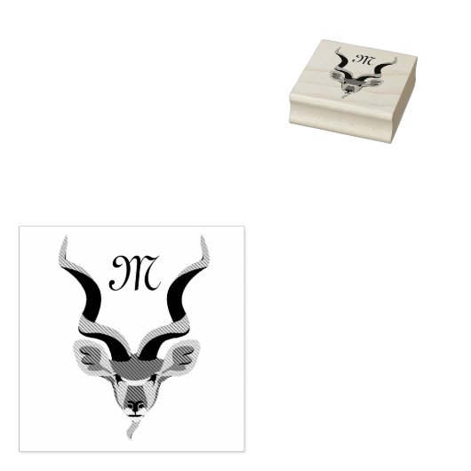 Greater Kudu Head geïllustreerd Monogram Rubberstempel (Gestempeld)