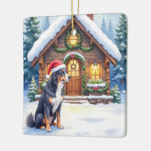 Greater Swiss Mountain Dog Snowy Cabin Santa Hat Keramisch Ornament (Links)