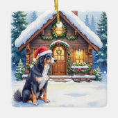 Greater Swiss Mountain Dog Snowy Cabin Santa Hat Keramisch Ornament (Voorkant)