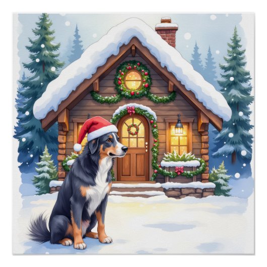 Greater Swiss Mountain Dog Snowy Cabin Santa Hat Perfect Poster (Voorkant)