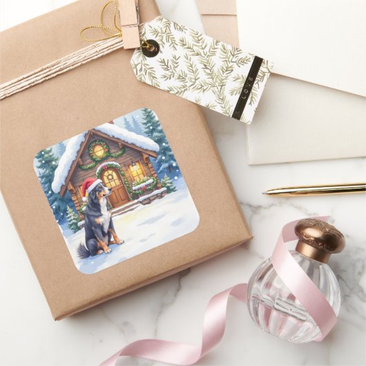 Greater Swiss Mountain Dog Snowy Cabin Santa Hat Vierkante Sticker (Geschenken)