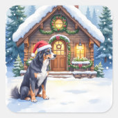 Greater Swiss Mountain Dog Snowy Cabin Santa Hat Vierkante Sticker (Voorkant)