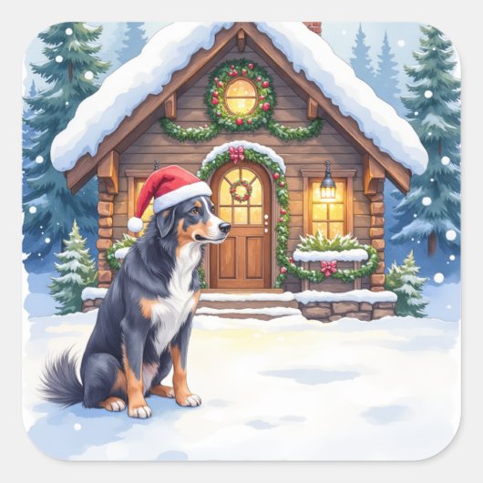 Greater Swiss Mountain Dog Snowy Cabin Santa Hat Vierkante Sticker (Voorkant)
