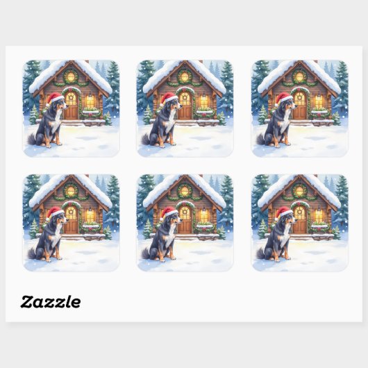 Greater Swiss Mountain Dog Snowy Cabin Santa Hat Vierkante Sticker (Vel)