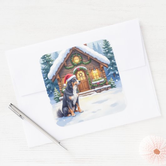 Greater Swiss Mountain Dog Snowy Cabin Santa Hat Vierkante Sticker (Envelop)