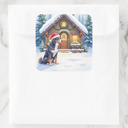 Greater Swiss Mountain Dog Snowy Cabin Santa Hat Vierkante Sticker (Tas)