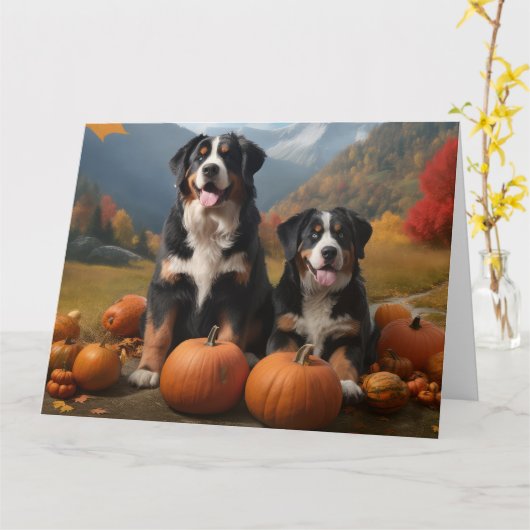 Greater Swiss Mountain Pup herfst Delight pompoen Kaart (Gele Bloem)