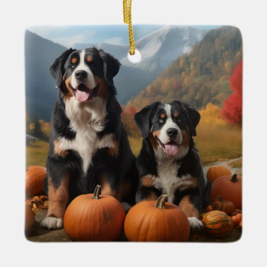 Greater Swiss Mountain Pup herfst Delight pompoen Keramisch Ornament (Voorkant)