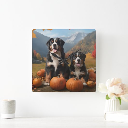 Greater Swiss Mountain Pup herfst Delight pompoen Vierkante Klok (Huis)