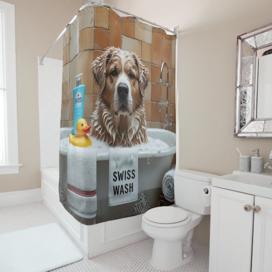 Greater Swiss Mountain Sloppy Sleepy Schattige Fun Douchegordijn (In situ)