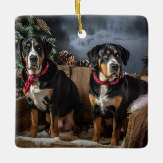 Greater Swiss Mountain Snowy Sleigh Kerstmis Keramisch Ornament (Voorkant)