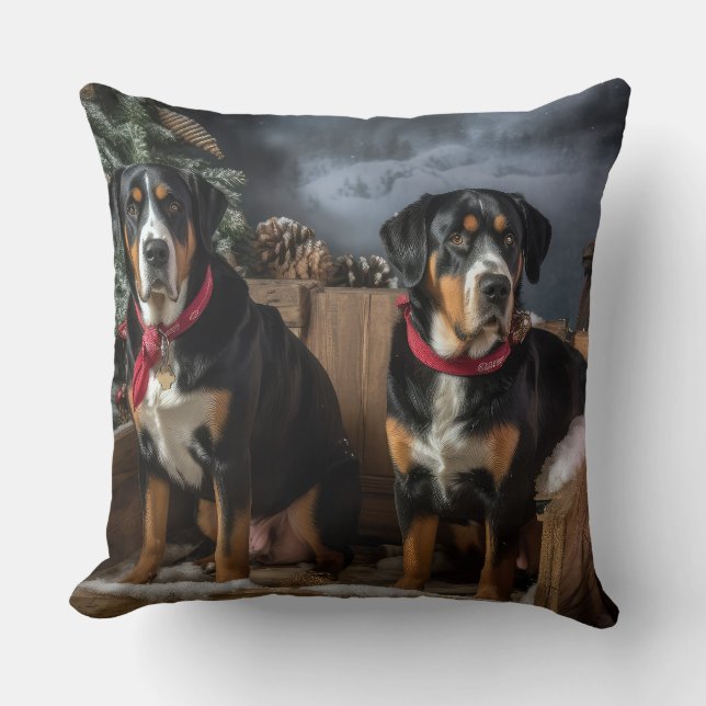 Greater Swiss Mountain Snowy Sleigh Kerstmis Kussen (Voorkant)