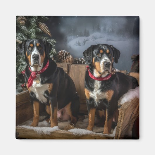 Greater Swiss Mountain Snowy Sleigh Kerstmis Magneet (Voorkant)