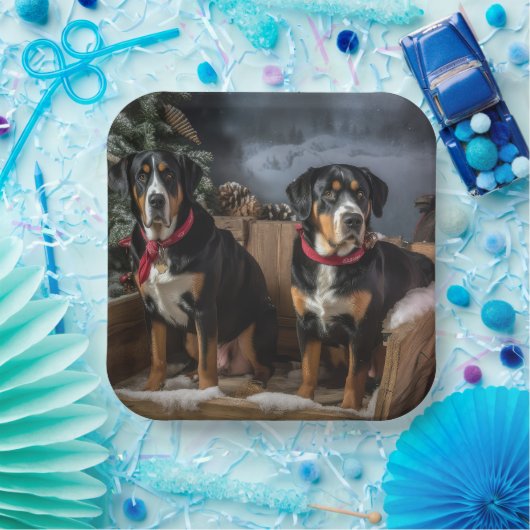 Greater Swiss Mountain Snowy Sleigh Kerstmis Papieren Bordje (Feest)