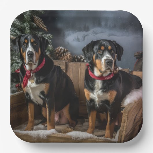 Greater Swiss Mountain Snowy Sleigh Kerstmis Papieren Bordje (Voorkant)