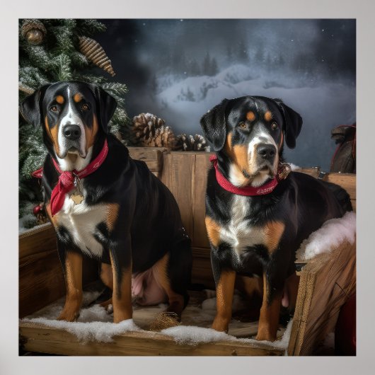 Greater Swiss Mountain Snowy Sleigh Kerstmis Poster (Voorkant)