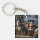 Greater Swiss Mountain Snowy Sleigh Kerstmis Sleutelhanger (Voorkant)