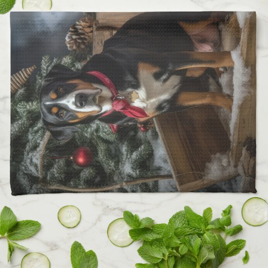 Greater Swiss Mountain Snowy Sleigh Kerstmis Theedoek (Gevouwen)