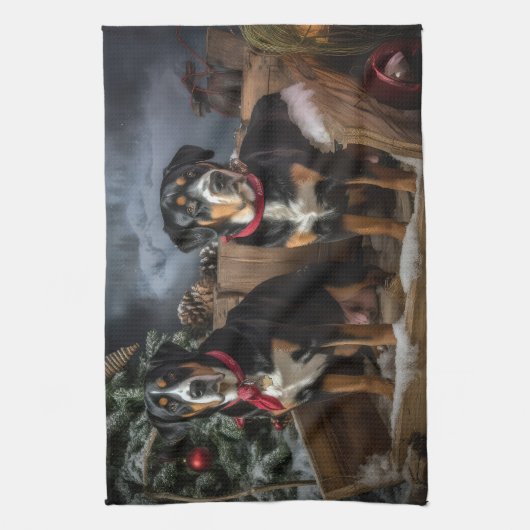 Greater Swiss Mountain Snowy Sleigh Kerstmis Theedoek (Verticaal)