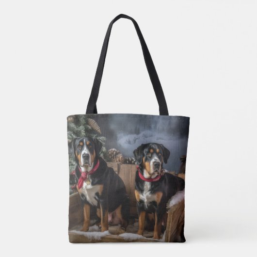 Greater Swiss Mountain Snowy Sleigh Kerstmis Tote Bag (Achterkant)