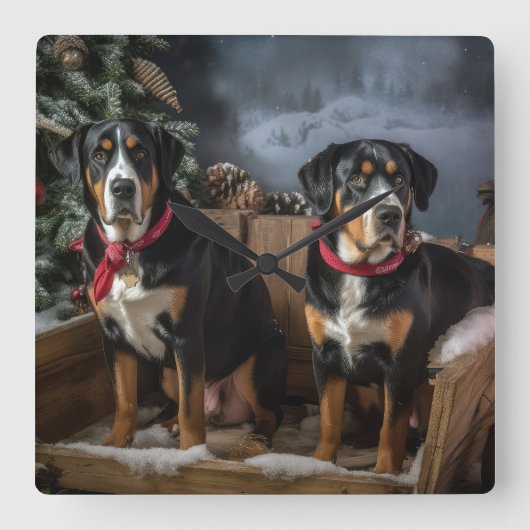 Greater Swiss Mountain Snowy Sleigh Kerstmis Vierkante Klok (Voorkant)