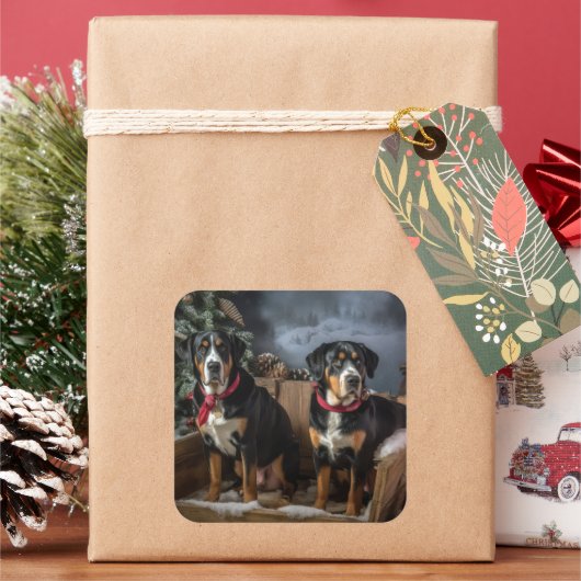 Greater Swiss Mountain Snowy Sleigh Kerstmis Vierkante Sticker (Feestdagen)