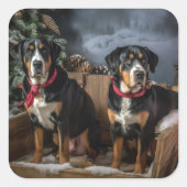 Greater Swiss Mountain Snowy Sleigh Kerstmis Vierkante Sticker (Voorkant)