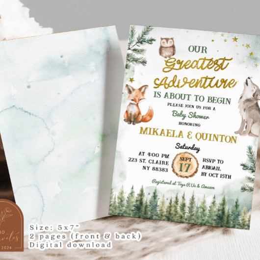 Greatest Adventure Animal Forest Co-Ed Baby shower Kaart