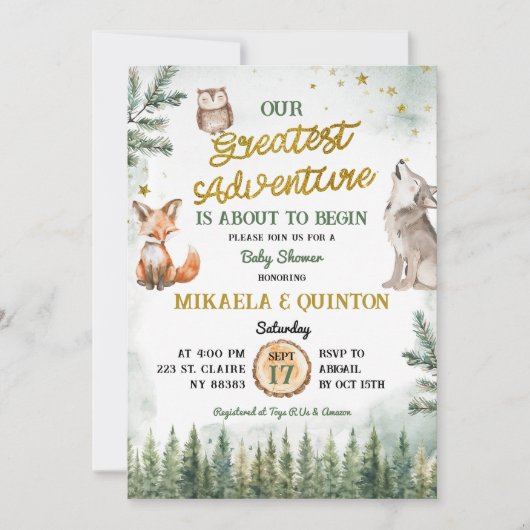 Greatest Adventure Animal Forest Co-Ed Baby shower Kaart (Voorkant)