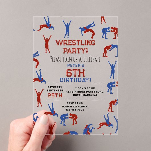 Greco Roman Freestyle Wrestling Verjaardagsfeestje Acryl Uitnodigingen (Insitu (Draagbaar))
