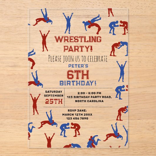 Greco Roman Freestyle Wrestling Verjaardagsfeestje Acryl Uitnodigingen (Voorkant)