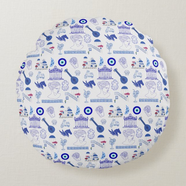 Greece Blue and White Rond Kussen (Voorkant)